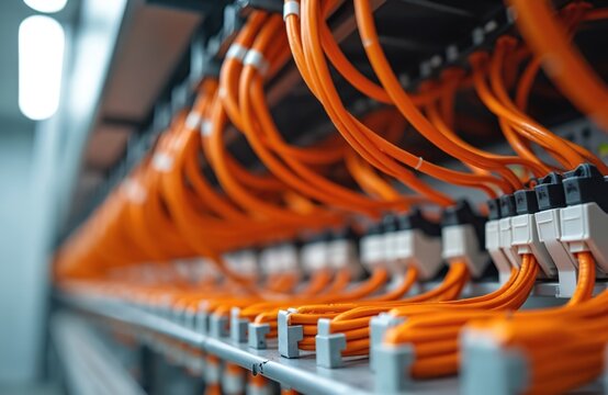 Network cables organize data flow in server room. Many orange wires connect computer hardware, indicating data transfer. Tech infrastructure supports digital information. - Powered by Adobe