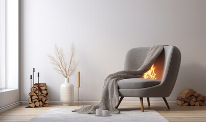 Fototapeta premium Scandinavian style home interior design with comfortable arm chair and fireplace