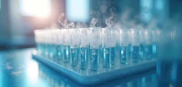 Glass test tubes with blue liquid samples stand in modern scientific lab rack. Cold vapor rises from containers. Highlights cryopreservation, freezing vital cells for future use in reproduction tech,