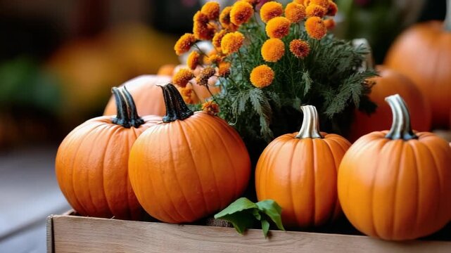 Vivid orange pumpkins and bright marigolds arranged in rustic wooden crates create a cheerful autumn display perfect for Halloween and Thanksgiving seasonal decor and harvest scenes