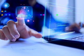AI coding assistant concept with programmer pointing on artificial intelligence to help program...