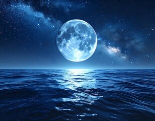 Luminous moon reflecting on the rippling ocean beneath a star-filled, deep-blue night sky