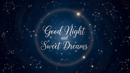 Obraz premium Illustration of good night and sweet dreams text on a starry night sky background with a glowing circle