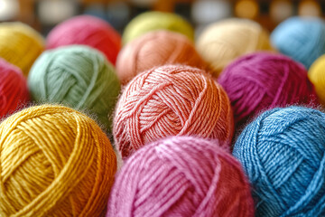 Vibrant yarn balls create a colorful display in a craft space Generative AI