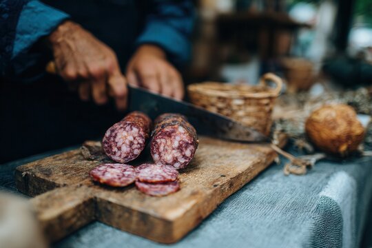 Close-up hands cutting smoky longaniza sausage.