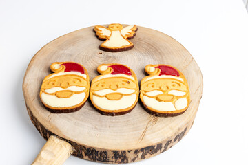 Different tasty Christmas cookies on wooden table, top view