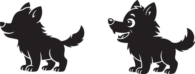 Obraz premium Little wolf silhouette or vector illustration, isolated black and white design of young wolf for wildlife, forest, and animal concepts