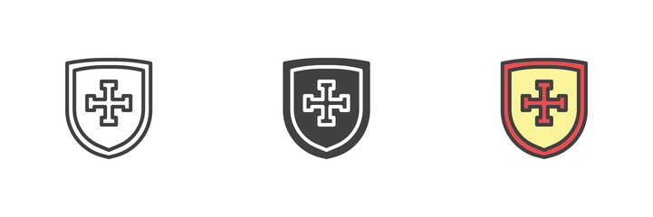 Shield with cross line outline solid icon set pack