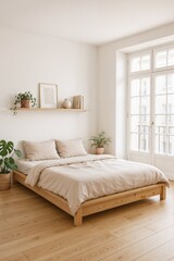 Modern bedroom interior with white bed pillows stylish furniture and cozy decor