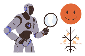AI-powered robot examines a magnifying glass focused on progress, accompanied by a happy face and stylized tree graphic. Ideal for AI, innovation, analysis, environment, technology, growth, success