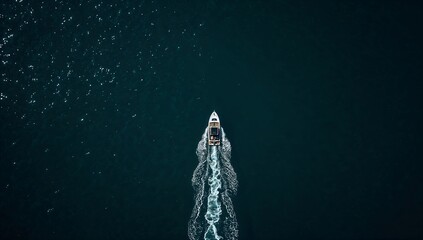 an aerial view of a boat cruising on the water, creating a foamy trail behind it