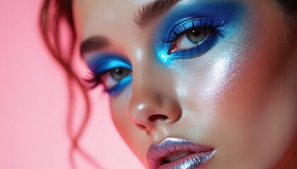 Young woman wears vivid cobalt blue eyeliner. Shimmering blue eyeshadow bright eyes. Wears long dark eyelashes, metallic silver lips, high shine holographic highlighter on smooth skin. Beauty look