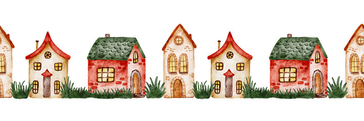 Watercolor border of whimsical houses with green grass, seamless pattern.