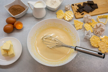 Making Christmas pastries. Ingredients for Christmas cookie dough.
