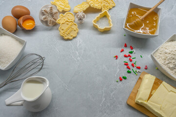 Making Christmas Baking and Sweets. Christmas Cookie Cutters and Ingredients. Space for Text.