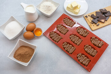 Process of making chocolate  madeleines Ingredients for chocolate cookies. Chocolate French Madeleine cookies. Top view.