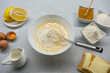 Baking Process. Ingredients for Making Dough. Top View