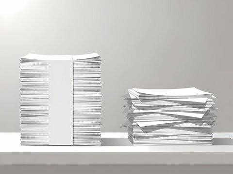 Minimal office scene showing a neat paper stack beside a messy pile, symbolizing organization versus chaos, administrative burden, backlog, productivity, and document workflow.