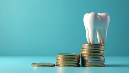 White tooth model stands on tall stack of coins. Smaller money coin stacks present on blue background. Image represents high cost of dental treatment, investment in oral health, saving for