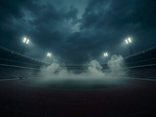 an empty stadium under a dramatic, cloudy sky, with spotlights illuminating the field and a touch of fog enhancing the atmosphere. It's a scene of anticipation, waiting for the event to begin