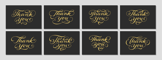 Elegant golden thank you calligraphy set with modern script flourishes. Thank you card design templates collection. Perfect for cards, invitations, greetings, weddings, or business appreciation. 