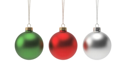 Three colorful christmas ornaments hanging from strings on white background
