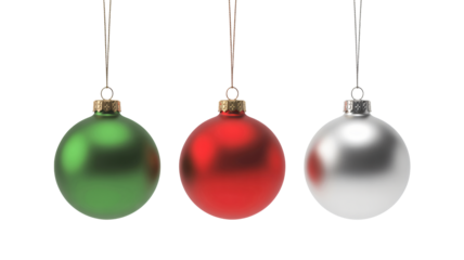 Three colorful christmas ornaments hanging from strings on white background