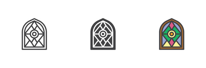 Stained glass window line outline solid icon set pack