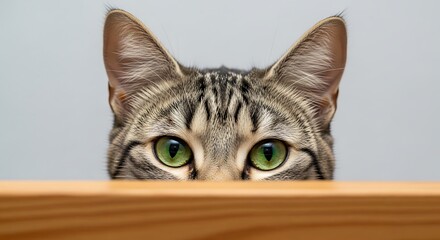 Intense gaze of a tabby cat peering over a wooden surface.