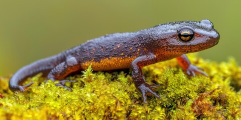 Fototapeta premium A close-up of a salamander perched on vibrant green moss, showcasing its glossy skin and distinctive markings in a natural setting.