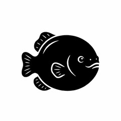 Black and white cartoon fish swimming in water.