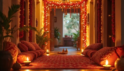 Festive home interior prepared for Diwali celebration. Lights, garland adorn doorway. Candles illuminate red carpet, cushions. Indian decor creates warm holiday atmosphere indoors. Traditional design