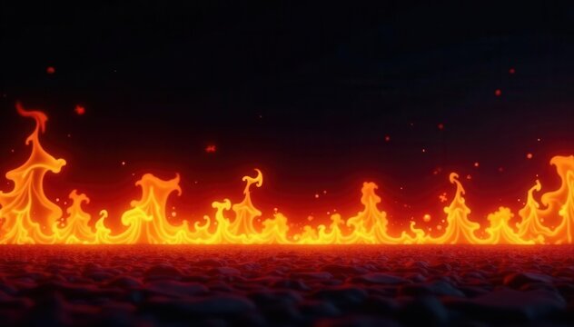 Blazing fire line, intense flames on black background, fire, blaze