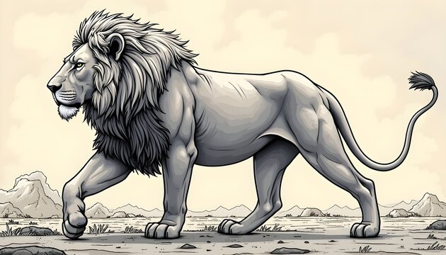 Walking lion in a desert landscape with mountains in the background during the daytime under a clear sky reflecting the essence of wildlife and nature Generative AI - Powered by Adobe