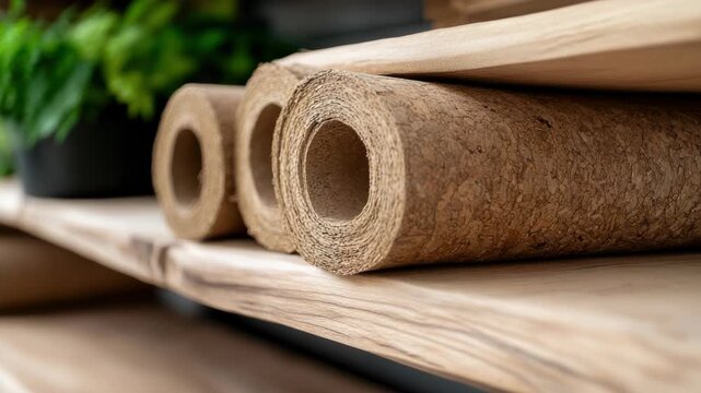 Close up of natural cork underlayment rolls for laminate flooring and soundproofing stacked on wooden shelves in a building materials store, showing eco friendly renovation supplies