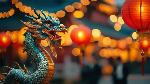 Majestic blue and gold Chinese dragon moving during a traditional festival, surrounded by glowing red lanterns and a blurry background of people celebrating at night in a city street