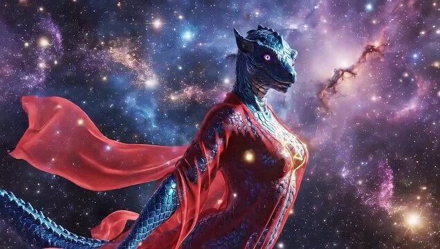 Majestic blue dragon in red robe with glowing pentagram in space