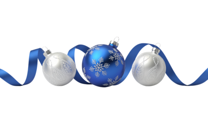 Three christmas ornaments with blue ribbon on white background, silver and blue baubles