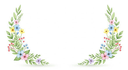 Cute watercolor floral border with delicate flowers and green plants