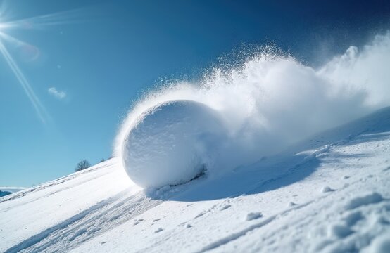 Large snowball rolls down snowy hill on bright sunny winter day. Big snow sphere gathers momentum, kicking up powder on mountain slope. Illustration of force, growth, accumulation concept in cold