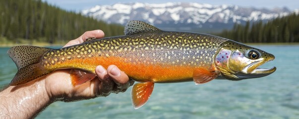 Obraz premium A person holding a vibrant trout with orange and spotted scales, set against a scenic backdrop of mountains and clear blue water.