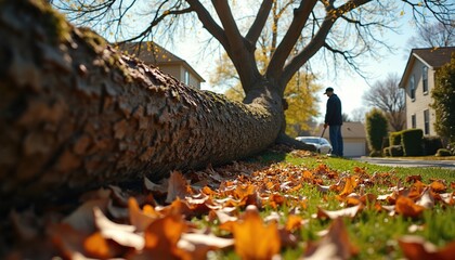 Fallen tree after storm blocks road in residential area. Man cleans up damage caused by fallen tree. Large tree on lawn near houses after accident at sunny day.