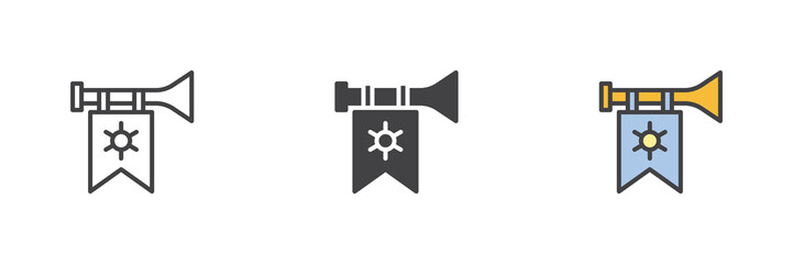 Trumpet with flag line outline solid icon set pack