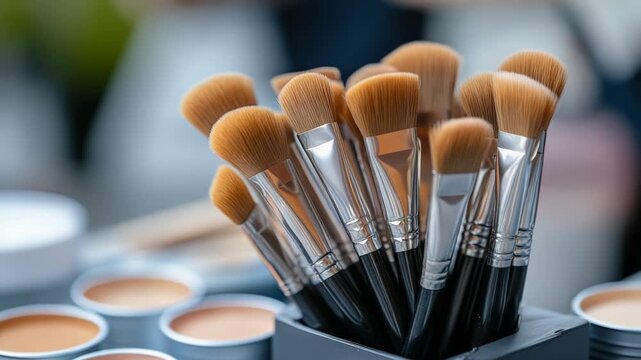 Closeup of professional makeup brushes in a stand with bottles of foundation and concealer in the background, showcasing essential cosmetic tools for salon and studio use