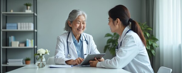 Senior asian doctor mentors young female colleague in hospital office. Mature physician teaches smiling intern, discussing patient diagnosis on tablet. Two women medics in white coats pro meeting,