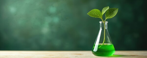 Green plant sprout grows in lab flask. Clear glass Erlenmeyer flask holds bright green liquid solution on light wooden table. Setup beautifully eco tech sustainable science natural pharmacy research,