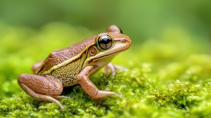 Obraz premium A close-up of a brown frog resting on green moss, showcasing its detailed features and vibrant colors in a natural setting.