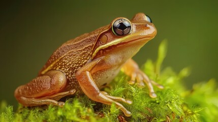Obraz premium A close-up of a vibrant frog perched on lush moss, showcasing its unique texture and striking eyes in a natural setting.