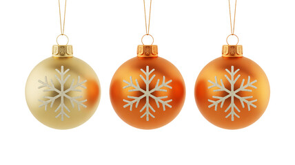Three gold and orange christmas ornaments with snowflake designs hang from strings