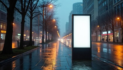 Blank white billboard stands on a wet city sidewalk at night. Street lights reflect on the wet pavement. Buildings line the street, with cars in the distance. Perfect for mockups and ads.